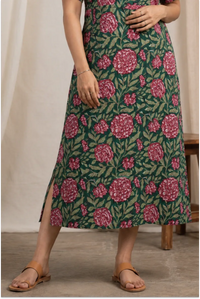 Pink Floral Hand Block-Printed Half Sleeve Midi Dress