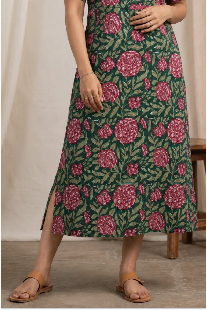 Pink Floral Hand Block-Printed Half Sleeve Midi Dress