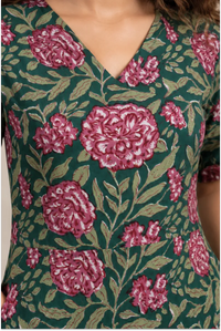Pink Floral Hand Block-Printed Half Sleeve Midi Dress