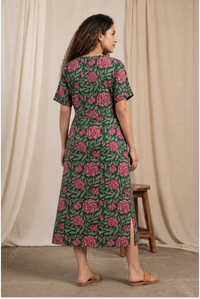 Pink Floral Hand Block-Printed Half Sleeve Midi Dress