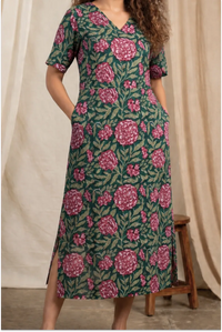 Pink Floral Hand Block-Printed Half Sleeve Midi Dress
