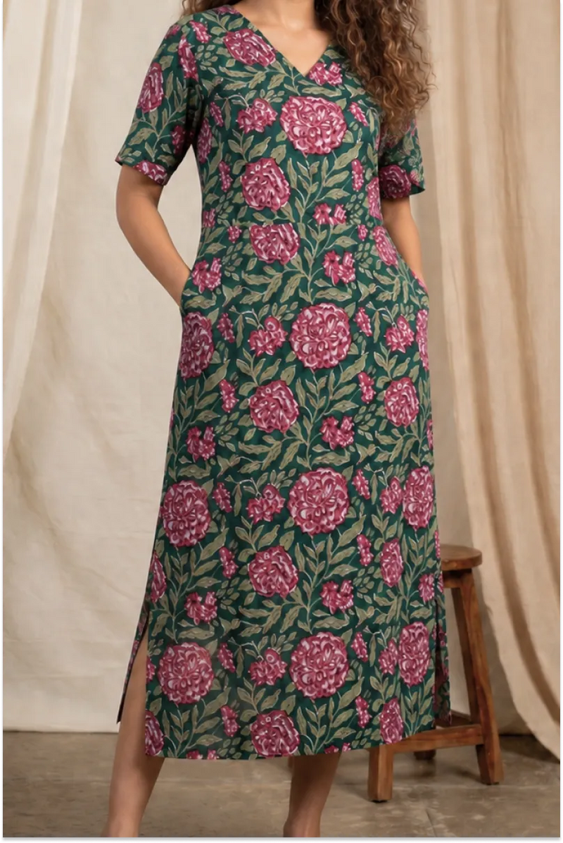 Pink Floral Hand Block-Printed Half Sleeve Midi Dress
