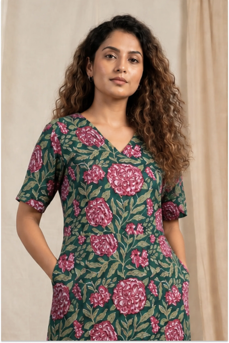 Pink Floral Hand Block-Printed Half Sleeve Midi Dress