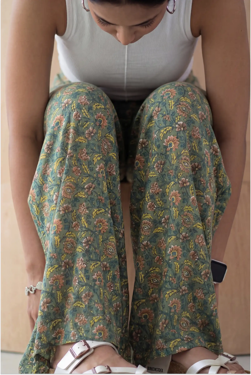 Floral Green Hand Screen Printed Wrap Pant