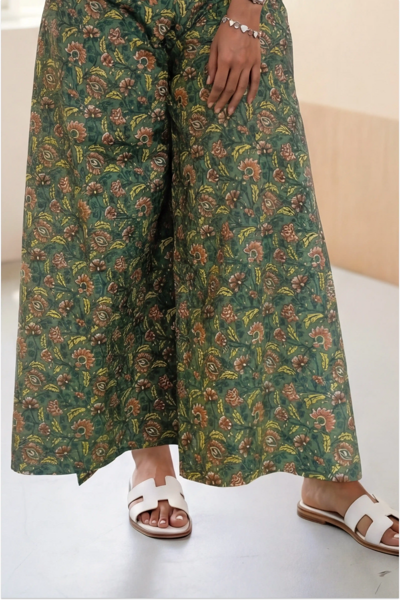 Floral Green Hand Screen Printed Wrap Pant