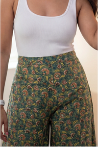 Floral Green Hand Screen Printed Wrap Pant