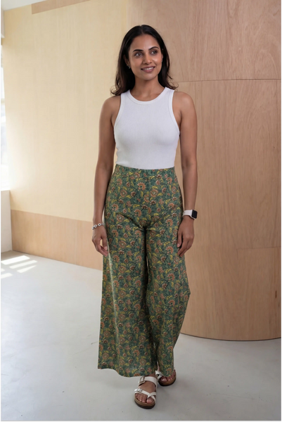 Floral Green Hand Screen Printed Wrap Pant
