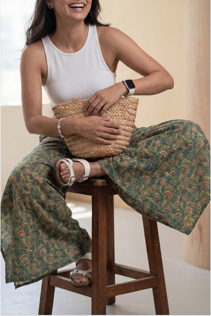 Floral Green Hand Screen Printed Wrap Pant