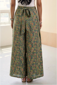 Floral Green Hand Screen Printed Wrap Pant