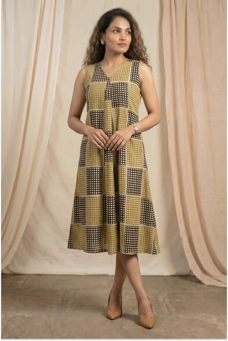 Dabu Hand Block-Printed Sleevless Midi Dress