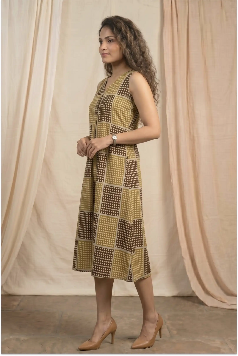 Dabu Hand Block-Printed Sleevless Midi Dress