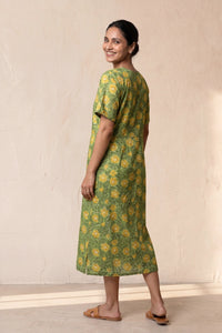 Maya Hand Block Printed Green Half Sleeve Midi Dress