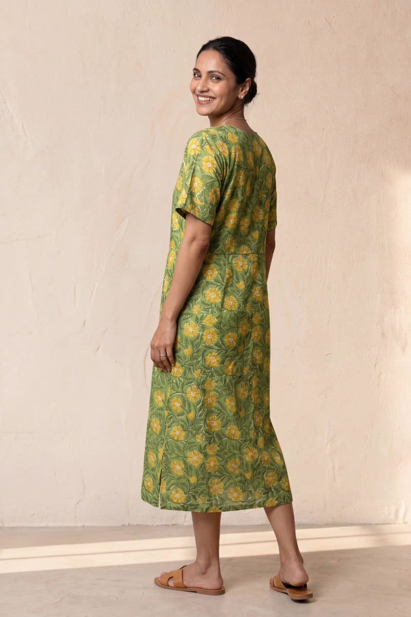 Maya Hand Block Printed Green Half Sleeve Midi Dress