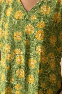 Maya Hand Block Printed Green Half Sleeve Midi Dress