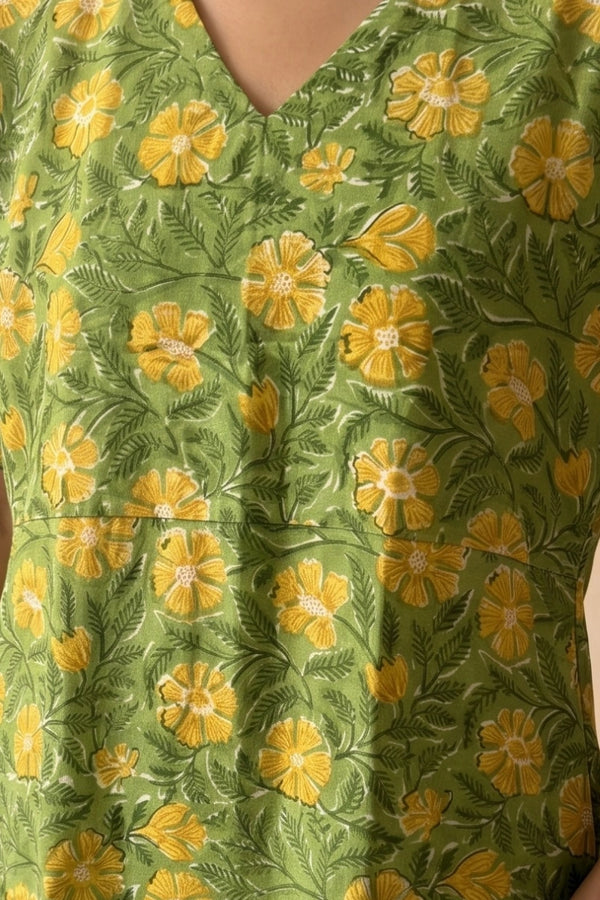 Maya Hand Block Printed Green Half Sleeve Midi Dress