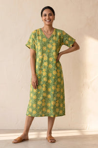 Maya Hand Block Printed Green Half Sleeve Midi Dress