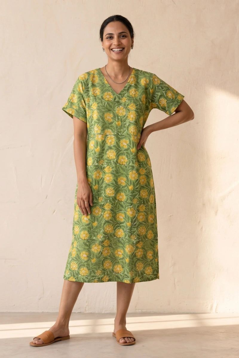 Maya Hand Block Printed Green Half Sleeve Midi Dress