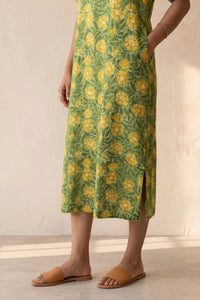 Maya Hand Block Printed Green Half Sleeve Midi Dress