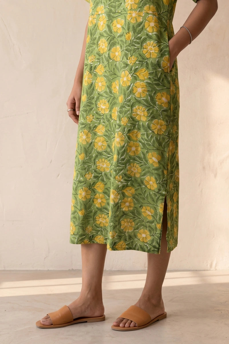 Maya Hand Block Printed Green Half Sleeve Midi Dress