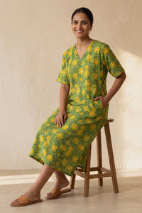 Maya Hand Block Printed Green Half Sleeve Midi Dress