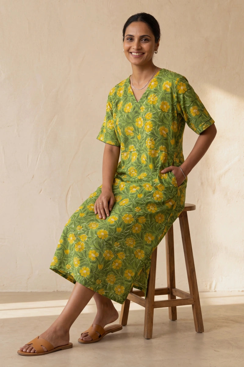 Maya Hand Block Printed Green Half Sleeve Midi Dress