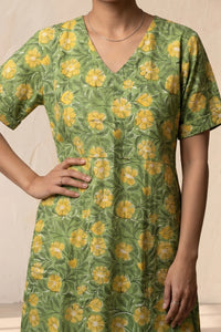 Maya Hand Block Printed Green Half Sleeve Midi Dress