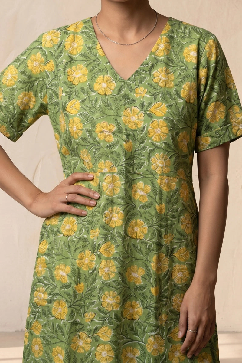 Maya Hand Block Printed Green Half Sleeve Midi Dress
