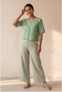 Hand Block Printed Green Half Sleeve Top