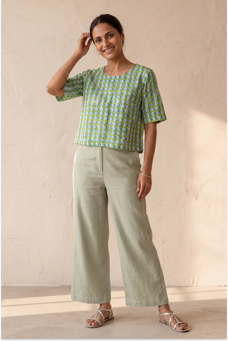 Hand Block Printed Green Half Sleeve Top