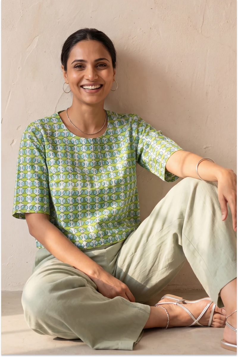 Hand Block Printed Green Half Sleeve Top