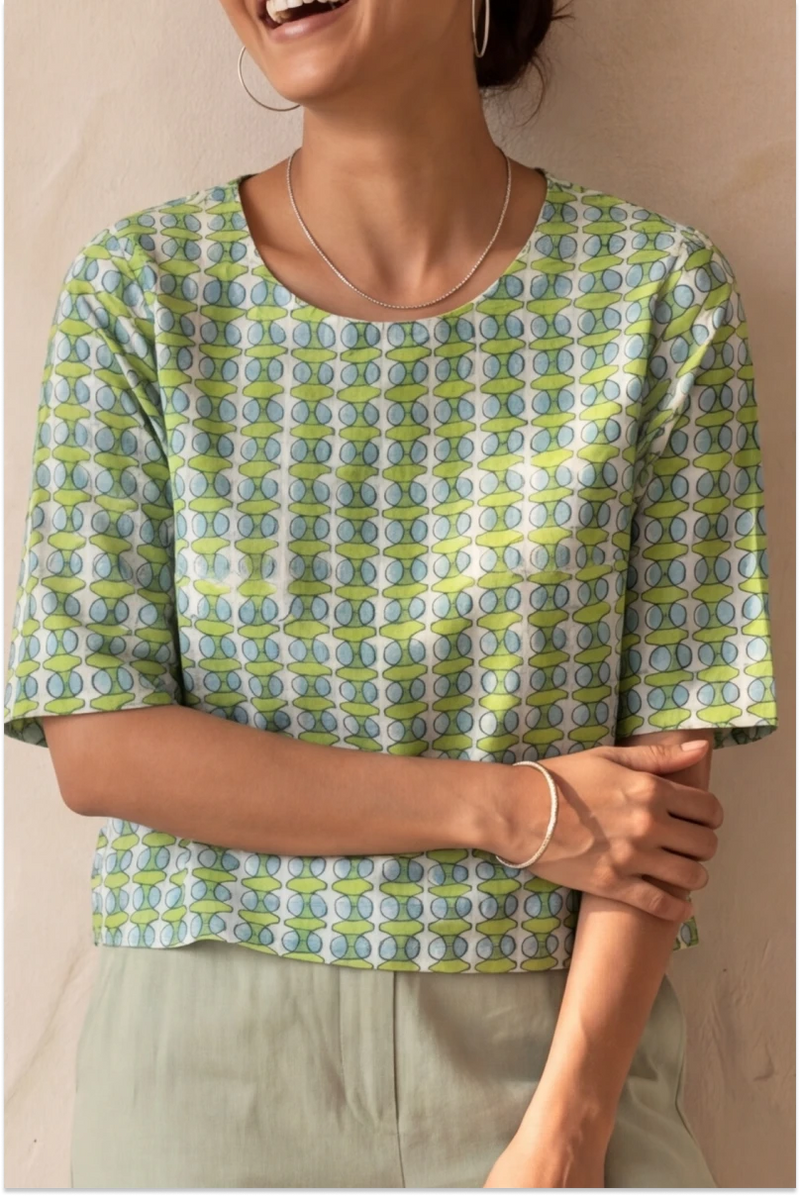 Hand Block Printed Green Half Sleeve Top