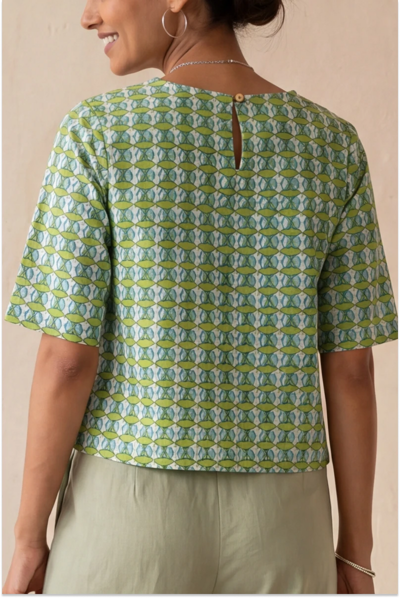 Hand Block Printed Green Half Sleeve Top