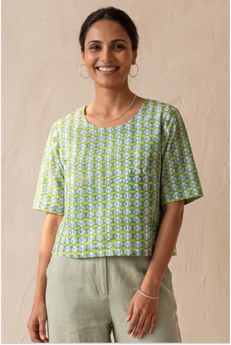 Hand Block Printed Green Half Sleeve Top