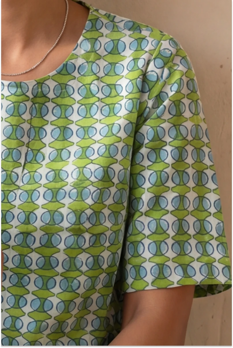 Hand Block Printed Green Half Sleeve Top