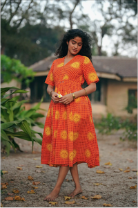 Shaam Hand Block-Printed Orange Half Sleeve Dress
