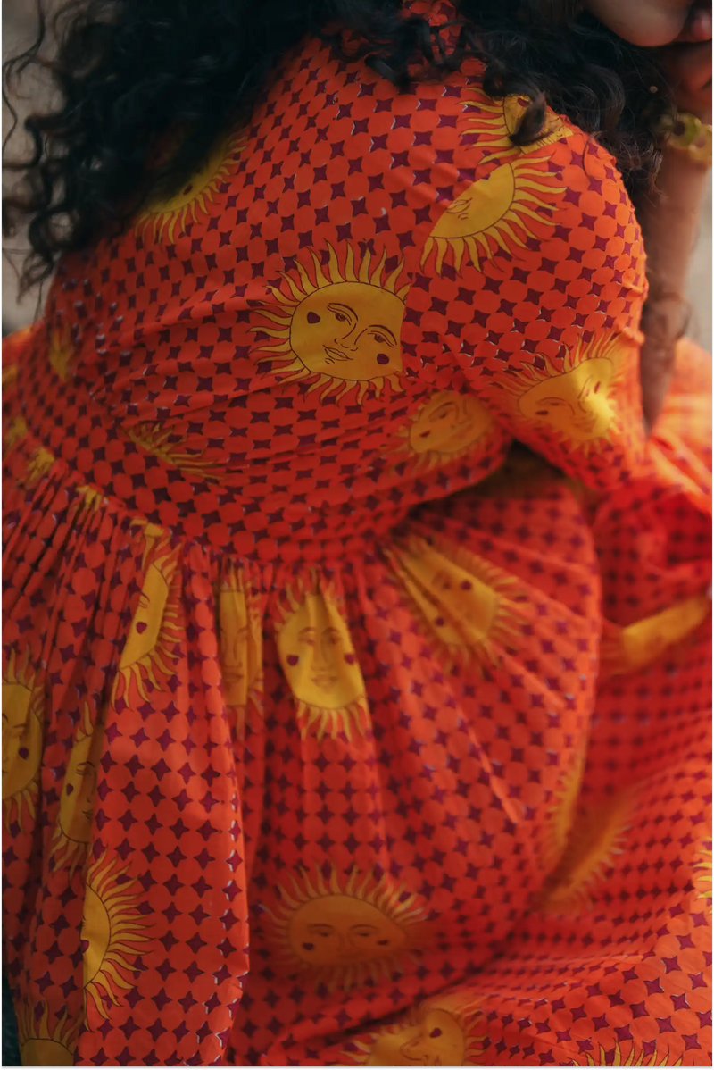 Shaam Hand Block-Printed Orange Half Sleeve Dress