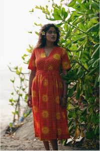 Shaam Hand Block-Printed Orange Half Sleeve Dress