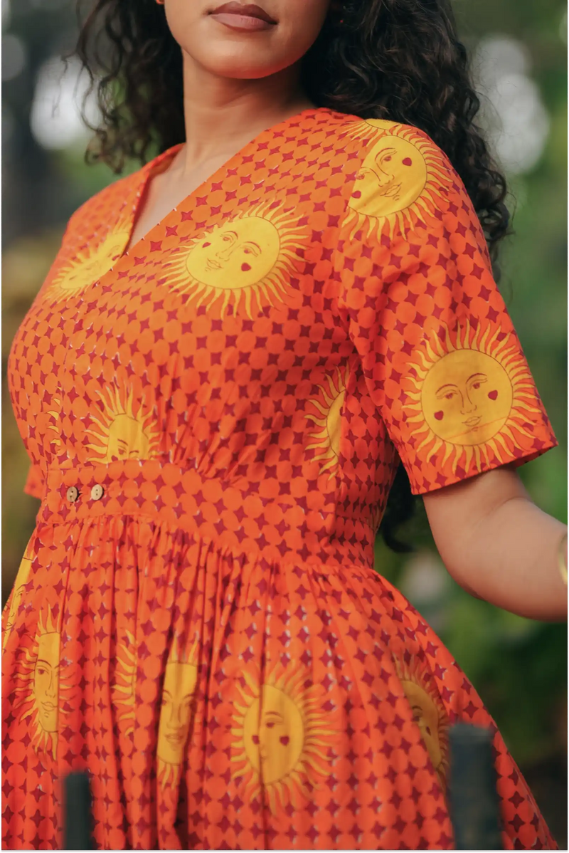 Shaam Hand Block-Printed Orange Half Sleeve Dress