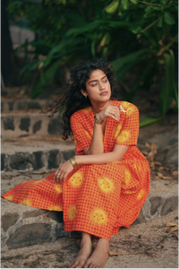 Shaam Hand Block-Printed Orange Half Sleeve Dress