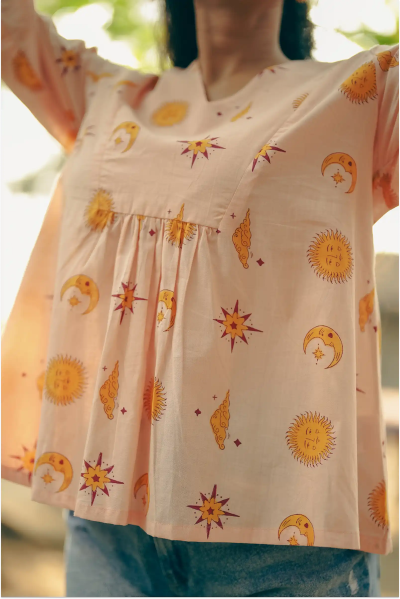 Shaam Half Sleeve Block-Printed Yellow Tunic Top