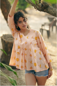 Shaam Half Sleeve Block-Printed Yellow Tunic Top