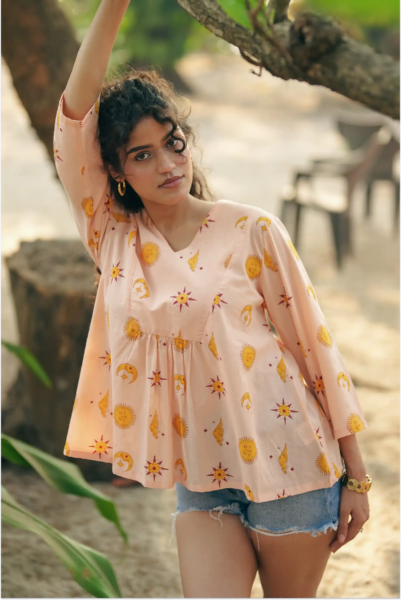 Shaam Half Sleeve Block-Printed Yellow Tunic Top