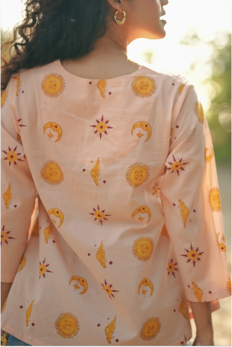 Shaam Half Sleeve Block-Printed Yellow Tunic Top