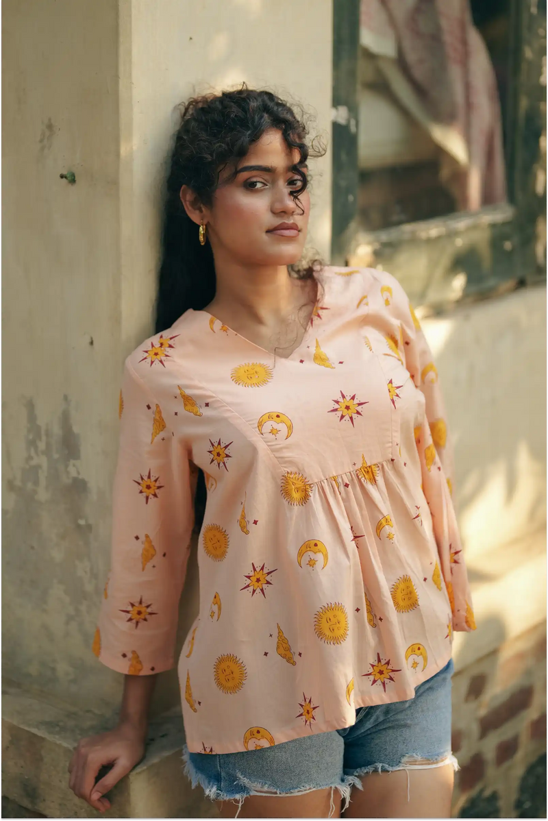 Shaam Half Sleeve Block-Printed Yellow Tunic Top