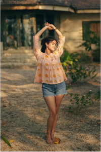 Shaam Half Sleeve Block-Printed Yellow Tunic Top