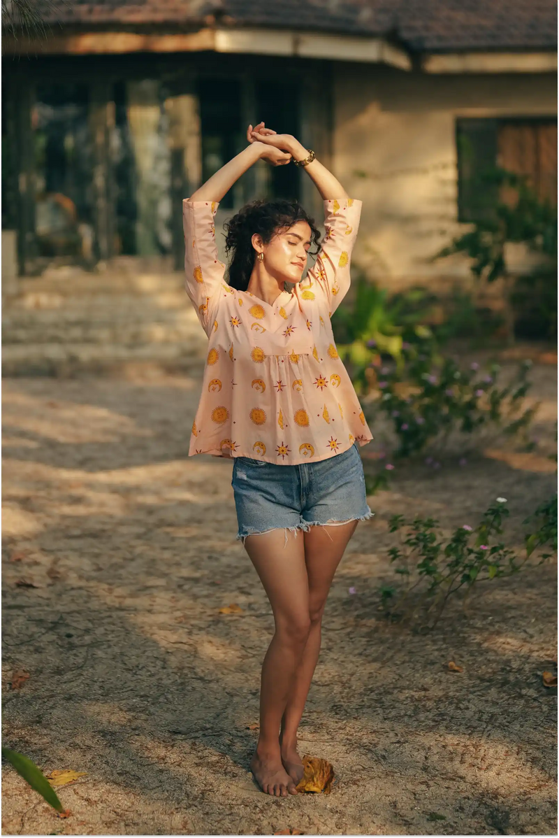 Shaam Half Sleeve Block-Printed Yellow Tunic Top