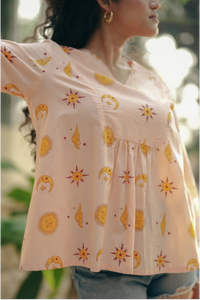 Shaam Half Sleeve Block-Printed Yellow Tunic Top