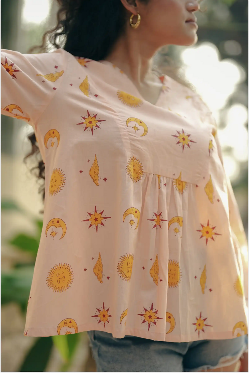 Shaam Half Sleeve Block-Printed Yellow Tunic Top