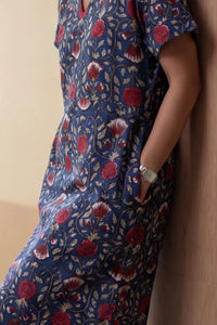 Indigo Red Block Printed Half Sleeve Dress