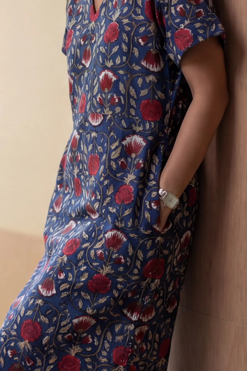Indigo Red Block Printed Half Sleeve Dress